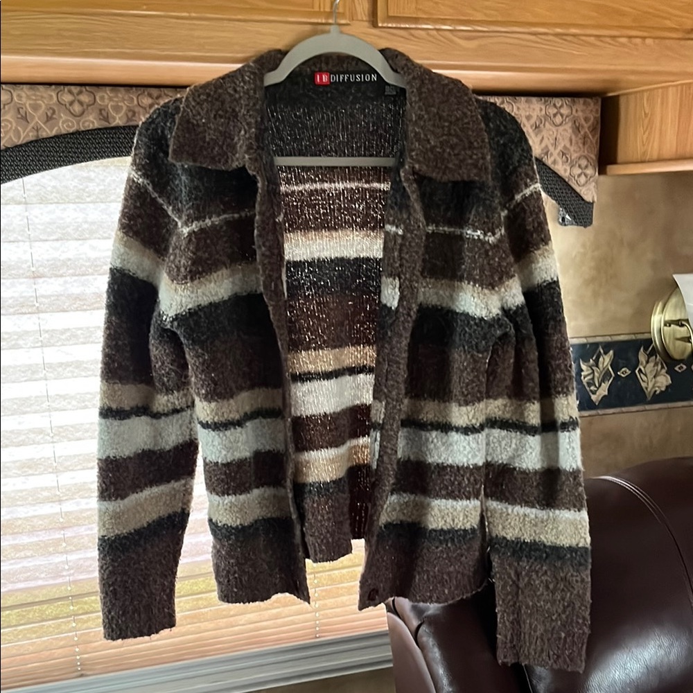 Women's Striped Cardigan Sweater - Brown and Cream